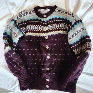 Cambridge Dry Goods 100% Wool Fair Isle Cardigan Purple Blue Made in USA
